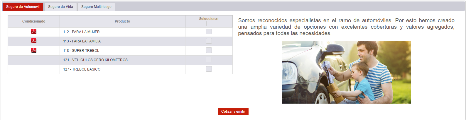 Selección de producto para cotizar